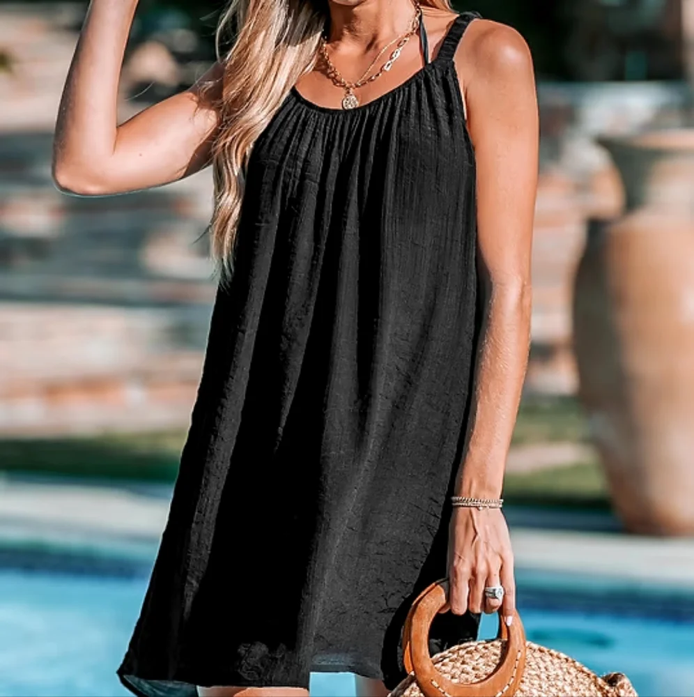 Nwt Cupshe Black Loose Scoop Neck Mini Swim Cover-Up Size Medium - Picture 2 of 15